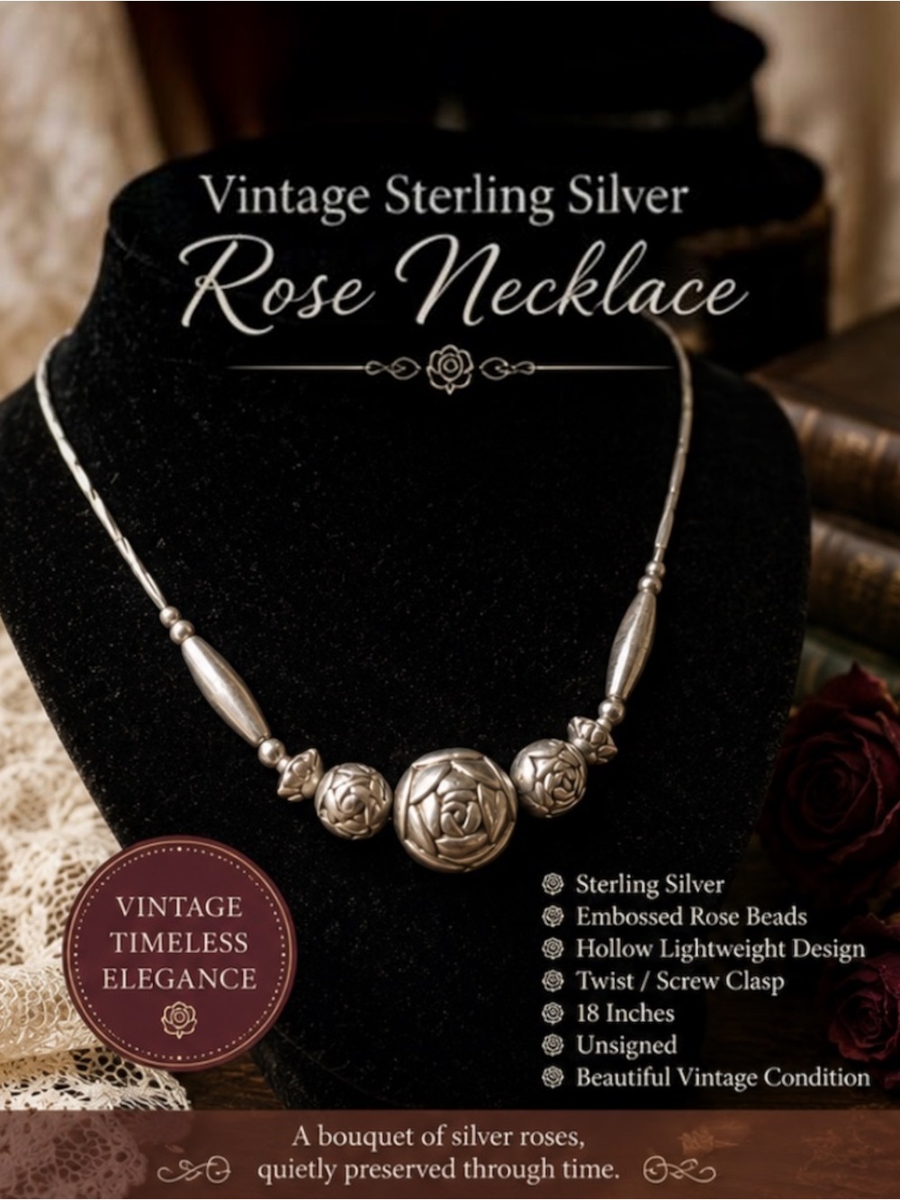 Vintage Sterling Silver Rose Bead Necklace Handmade 18” Floral